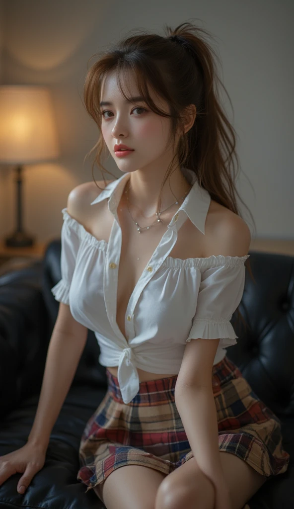 Pretty Japanese woman, dark medium hair messy, naughty smile, choker, white sheer sleeveless blouse loose, pokies, cleavage, flat chest, small boobs, belly button, deep slit skirt plaid, thigh, no panties, sweating, wet, sitting in classroom