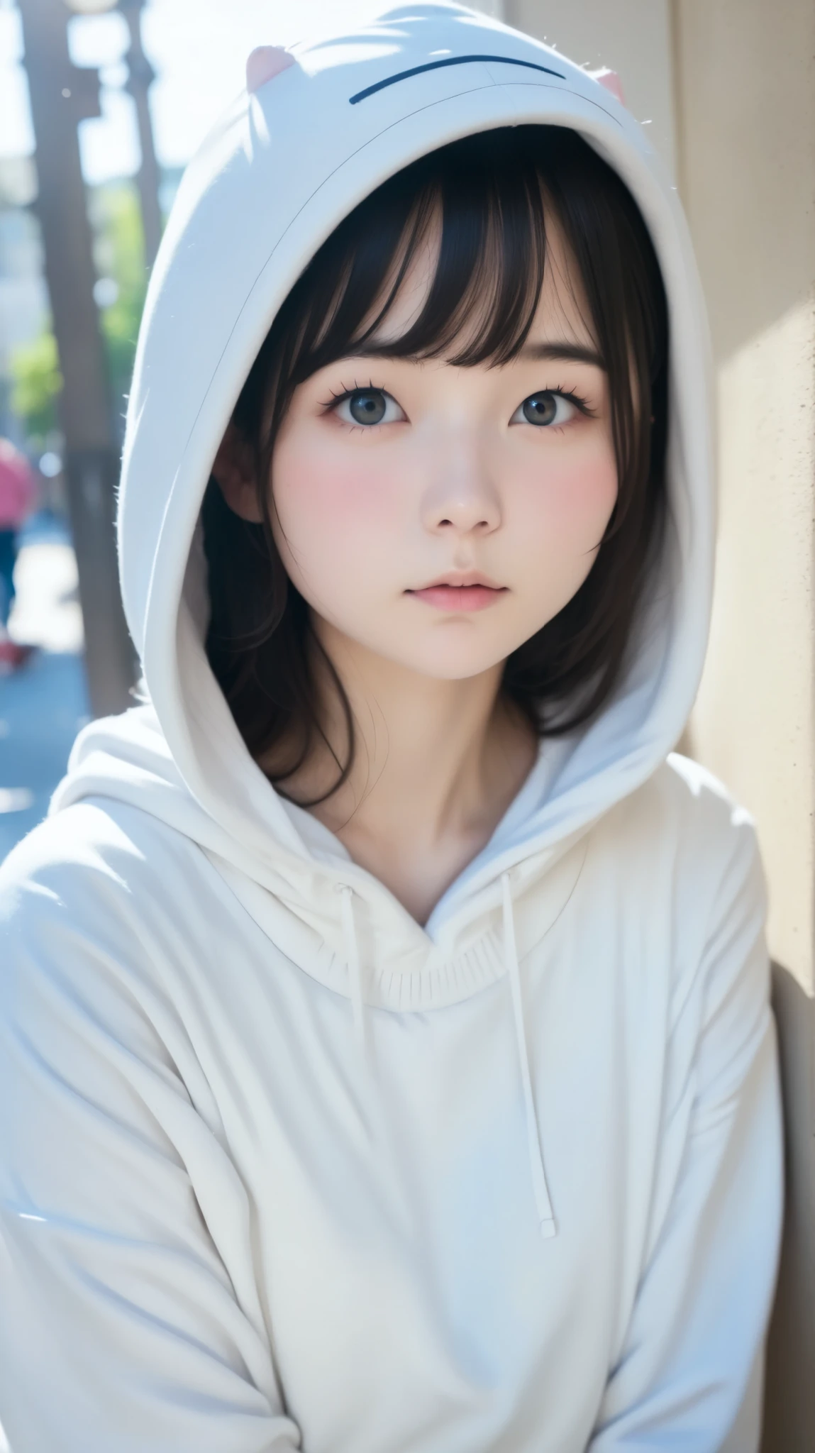 Please draw a young shy girl。With long black hair、I'm wearing a large white hoodie、I'm completely hiding my face with a hood。, I can'invisible
