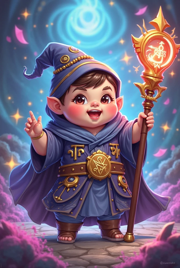 Make an illustration of a boy in a wizard's clothes and hat, smiling and entertaining himself with luminous spheres that are around him --auto