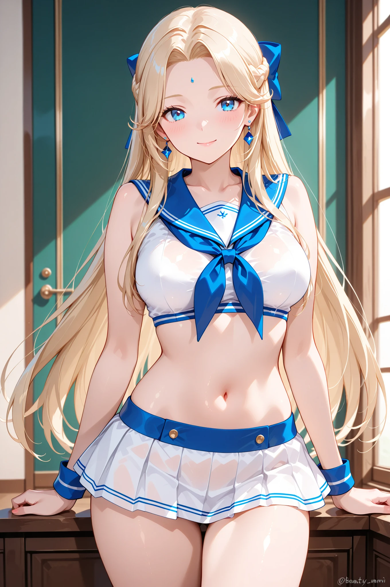 sailordress, 1girl, breasts, thighhighs, gloves, twintails,skirt, solo, blonde hair, hat, navel, salute, blunt bangs,white gloves, blue eyes, large breasts, sideboob, blush, midriff, skindentation, (white thighhighs:1.2), looking at viewer, sailor hat, forehead, undersized clothes, sailor collar, blue skirt, pleated skirt, thighs, embarrassed, bare shoulders, white headwear, closed mouth <lora:sailor dress:1>