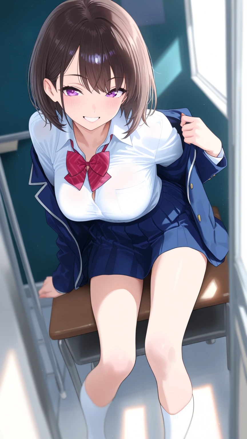 A high school girl in uniform sitting on a train,Browsing Caution,4K,Gal:1.3,Anatomically correct,school uniform:1.3,A pure and innocent girl, Very cute face, Like an idol, (masterpiece:1.2), (high quality), panties, loose socks, Hip, Blue Skirt, alone, Blazer Type, loose socks, M-shaped legs, Brown eyes, pure gaze, mini skirt, Lift yourself up, Check skirt, blush,((Center of chest)), (Sweating profusely), Long Hair, physical education, Beautiful feet, ((in the train))