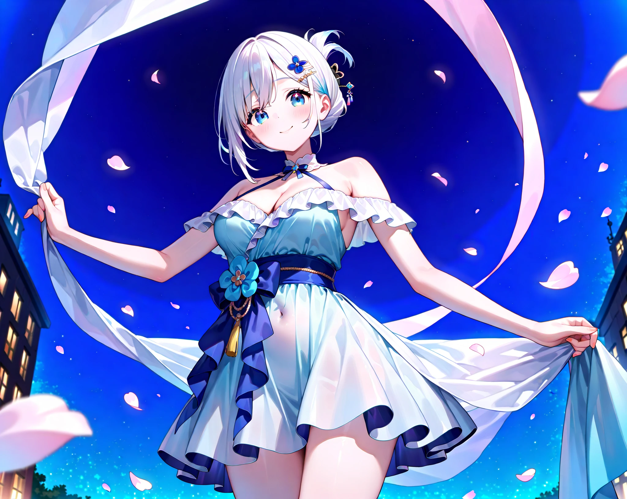 (Masterpiece), (Top Quality Anime Illustration), (Super Definition), One Girl, Solo, Beautiful Girl with Silver Hair, Anime Loli, Cat Ear Loli, Light Blue Miniskirt Cheongsam, See-through, Sleeveless, Smile, Cleavage Enhancement, Lower half of Breast Exposed, Lower Half of Chest Visible Bare Skin, Navel, Open Stance, Thighs