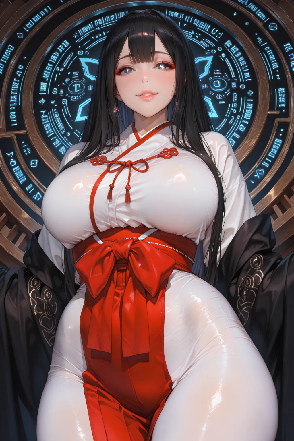 best quality,4k,8k,highres,masterpiece:1.2),ultra-detailed, extremely detailed eyes, extremely detailed body, (large masterpiece digital art), (detailed manga illustration), (detailed line art), ((perfect anatomy)), (intricate details:1.3), (ultra-detailed:1.3), (illustration:1.3), (sharp focus:1.3), (natural lighting:1.05), (vivid colors:1.3), (masterpiece), (best quality:1.4), (perfect anatomy:1.4), high quality, expressive eyes, full body, detailed face, beautiful face, perfect face, 1 girl, breasts, cleavage, gloves, large breasts, Japanese clothes, jacket, (underboob), robe, sash, belt pouchs, very long hair, thigh length hair, Japanese female, detailed ((black hair)), straight hair, Hime cut , closed eyes, curvaceous physique, arm wrap, hakama, hakama skirt, haori, miko, monk, thick thighs, toned, dynamic lighting, cinematic lighting, seiza, meditation, focused, ((Japanese temple background)), curvy, Atey Ghailan, Jeremy Mann, Greg Manchess, Antonio Moro, trend in ArtStation, trend in CGSociety, Intricate, High Detail, Sharp focus, dramatic and photorealistic painting art by Midjourney and Greg Rutkowski, Jeff Bridges, ((cartoon style)), Marvel Cinematic Universe style