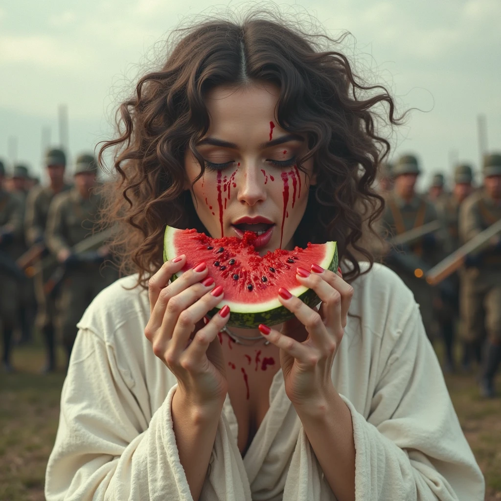 Very realistic depiction of a dol gadot SEXY girl no clothing , nude , sitting by eating a watermelon, smile, ((dry teardrops)),((destroyed city background, fire, ((human corpses on the ground)), some people crying, destroyed buildings)) , holding a watermelon, (((he looks at the watermelon and smiles slightly))), very detailed, dynamic colors, black and gray colors, super emotional picture , with a very dark background and surrounded by dark smoke swirling- turn. The image should be in a gorgeous 16:9 format.”