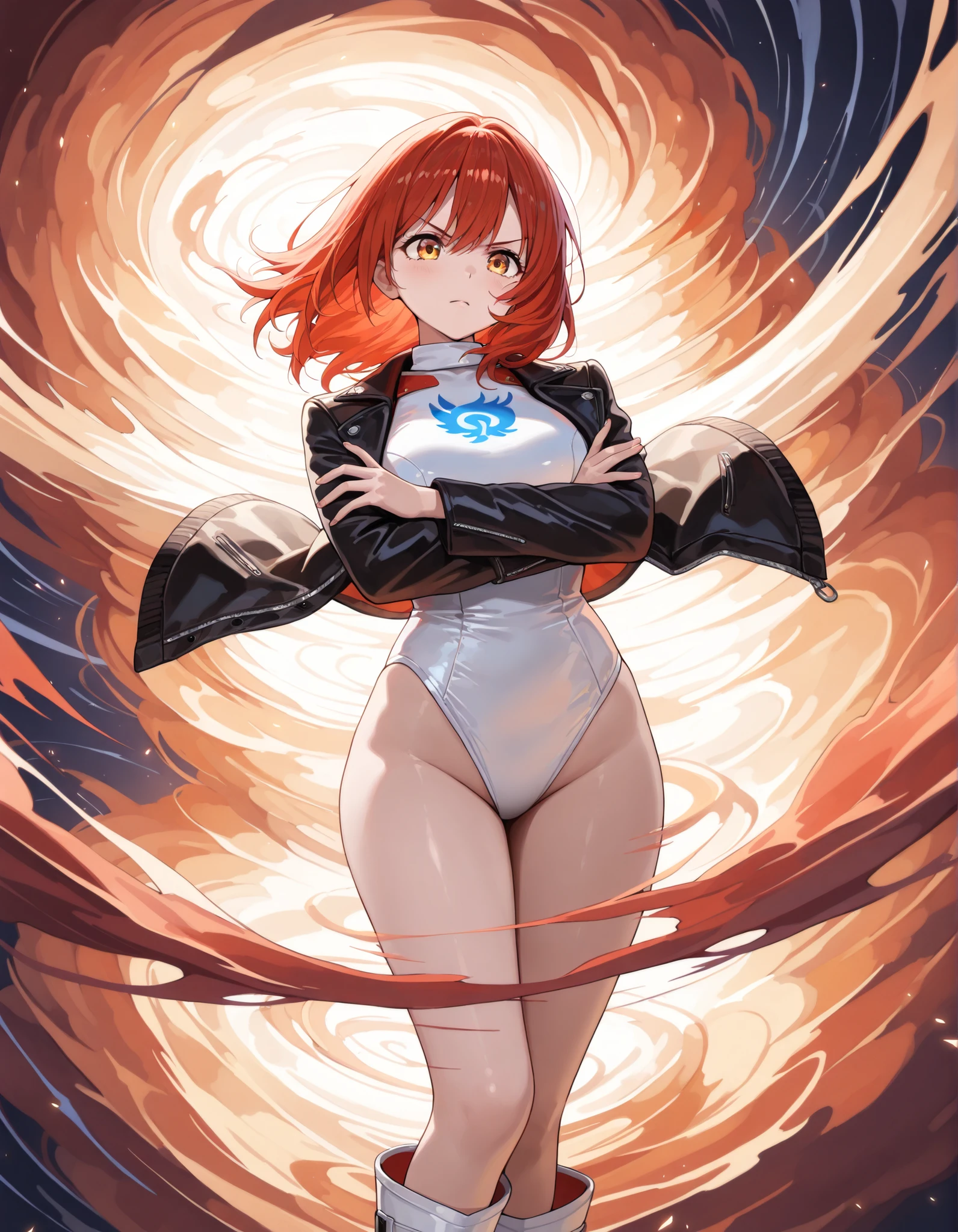 sexy, white skin, anime woman, happy, glowing green eyes, extremely short glowing orange hair, wearing a suit, big, full body