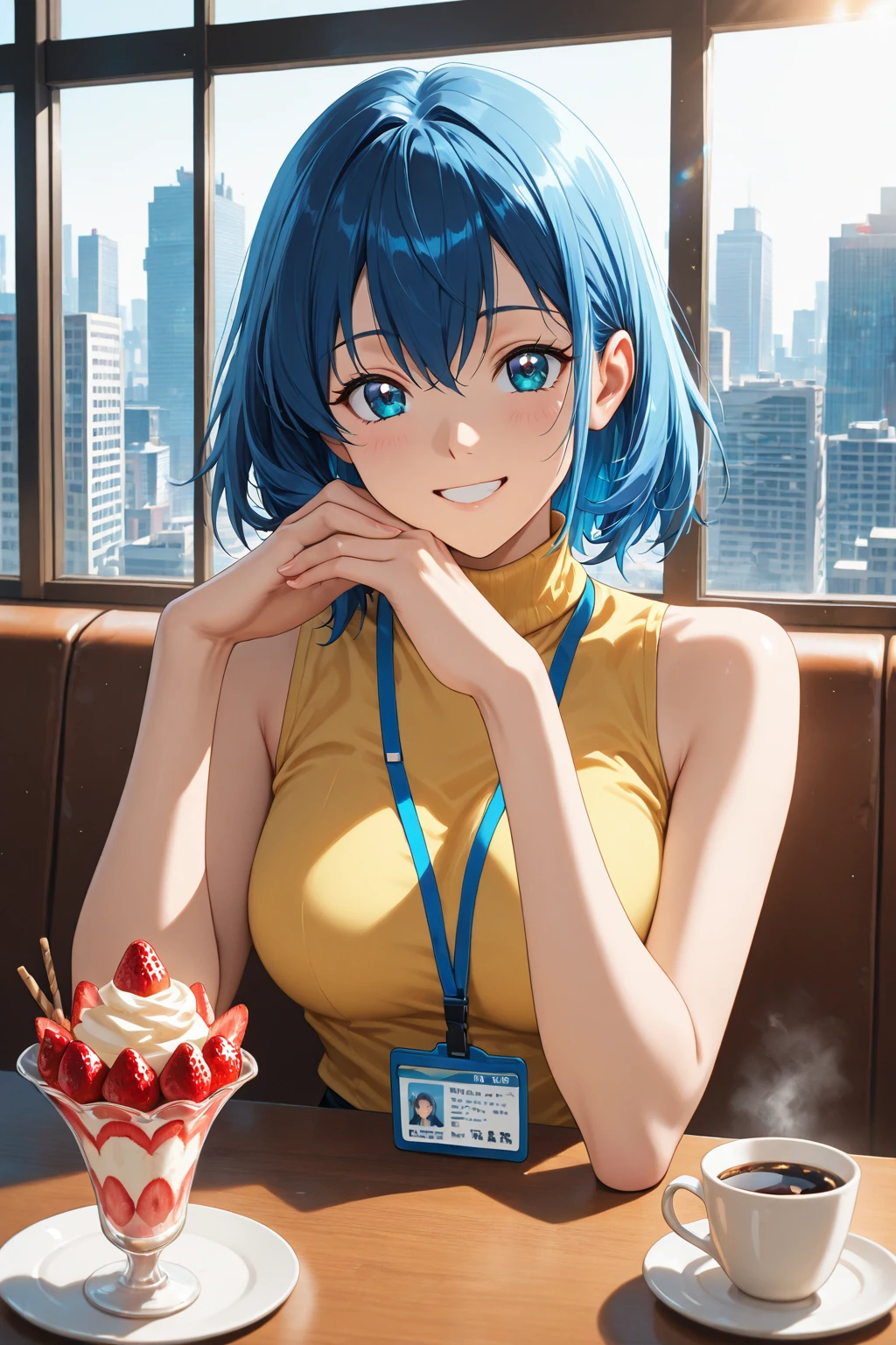 (masterpiece:1.5),(Beat quality),(high res),1girl solo,beautiful face,smile(shining eyes),upper body,light effects,Blue-haired woman in tank top,Ice cream dessert at cafe
