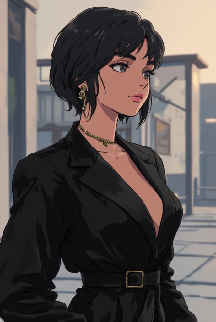 Beautiful 40-year-old woman, short hair, black fur, serious face, small nose, Best Quality, masterpiece, big tits, natural tits,with clothes, half body
