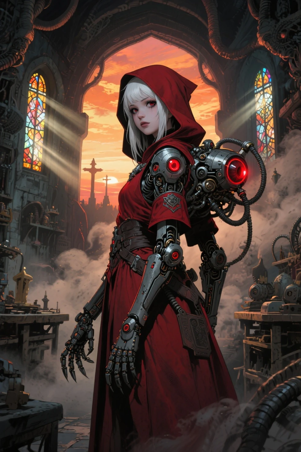 (1girl, dark green hair absurdly long hair single braid, multicolored eyes, <lora:eye-test8:1>, tears) (digital) ( dynamic pose in detailed carousel, (skull, tube, science fiction, extra arms, hood, robe, glowing eyes, mechanical arms, steampunk, armor)) , best quality, <lora:boldline:0.2> <lora:hairdetailer:0.2> techpriest <lora:techpriest:1>