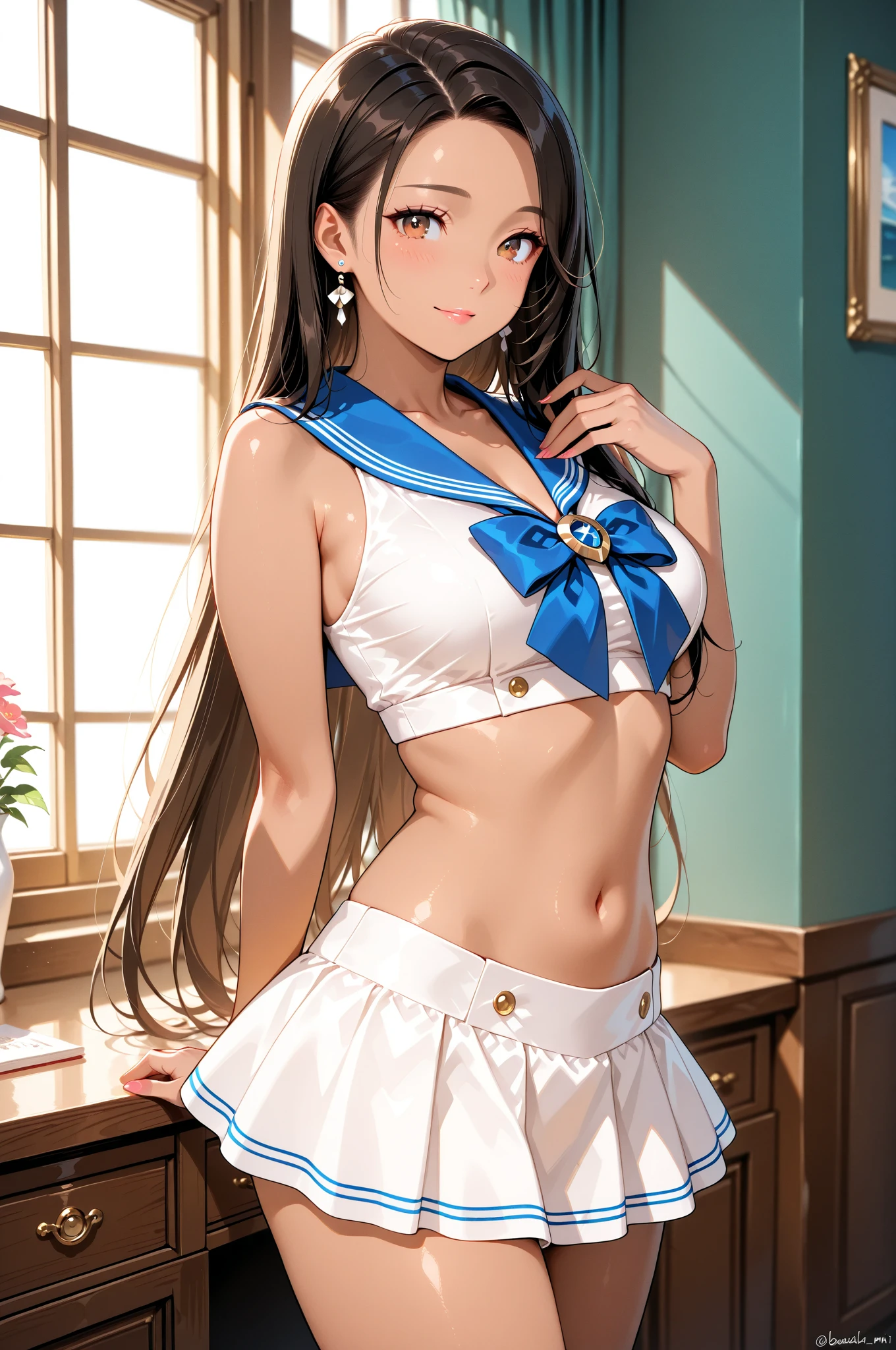 very young slim fit girl, pioneer neckerchief, very short blue skirt, bangs, collarbone, belt, full height, rounded face, very long disheveled dark brown hair, big brown eyes, sluty smile, perfect flat breast, band on head with fake cat ears, monroe, realrussian