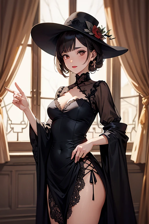 absurdres, RAW photo, extremely delicate and beautiful, masterpiece, Best Quality, ultra high resolution, 32k, hyperrealistic, ultra-detailed, delicate facial features, beautiful detailed woman, tearful mole, earring, medium breasts, full body shot, medium hair, black hair, Witch,