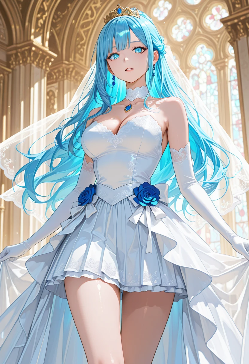 brynhildr lancer fgo,20-year old,bride,pure,dazzling smile,laurel wreath,white wedding dress,shyly pose, pretty round face,tall,very skinny,slender,light blue hair, cross-cut bangs strongly leans to the right,detailed hair