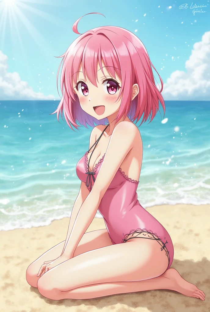 (masterpiece, best quality:1.2), 1girl, solo, standing split, picha_\(pose\),picha, pink hair, green eyes, bikini, on the beach