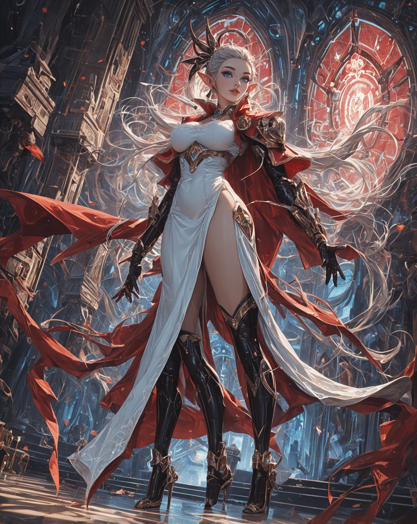 fantasy art, gothic art, (masterpiece:1.5), full body best details, highly detailed, best quality, Glowing Purple, highres, full body portrait of a vampire, elf (Masterpiece, best quality: 1.6), ultra feminine, wizard, (intricate details, Masterpiece, best quality: 1.5) with a long curvy hair, light color hair, blue eyes, (fantasy art, Masterpiece, best quality), ((beautiful delicate face)), Ultra Detailed Face (intricate details, fantasy art, Masterpiece, best quality: 1.5), [[vampiric fangs 1.5]] (red cloak: 1.3) , flowing cloak (intricate details, fantasy art, Masterpiece, best quality: 1.3), wearing an intricate black dress (intricate details, fantasy art, Masterpiece, best quality: 1.5), high heeled boots, urban background (intense details, beat details), fantasy, at night light, natural ,moon light, clouds, gothic atmosphere, soft light, dynamic light, [[anatomically correct]], high details, best quality, 8k, [ultra detailed], masterpiece, best quality, (extremely detailed), dynamic angle