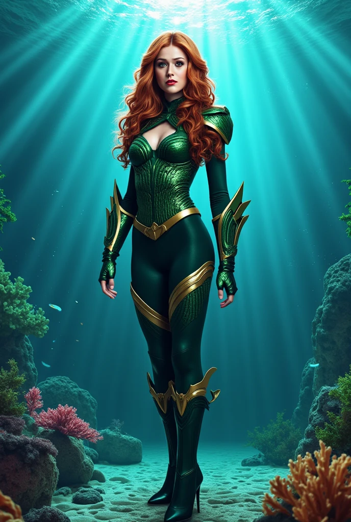 The character Mera, perfect anatomy, perfect costume, realistic anatomy, deep ocean proof background