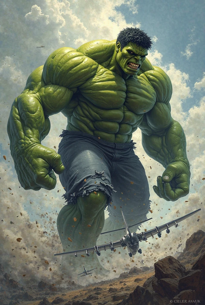 Hulk, completely naked and without clothes, full body, with a cloud covering his bare penis, the cloud strictly in the low area of his body, covering his naked crotch, still showing the legs, completely naked, totally naked