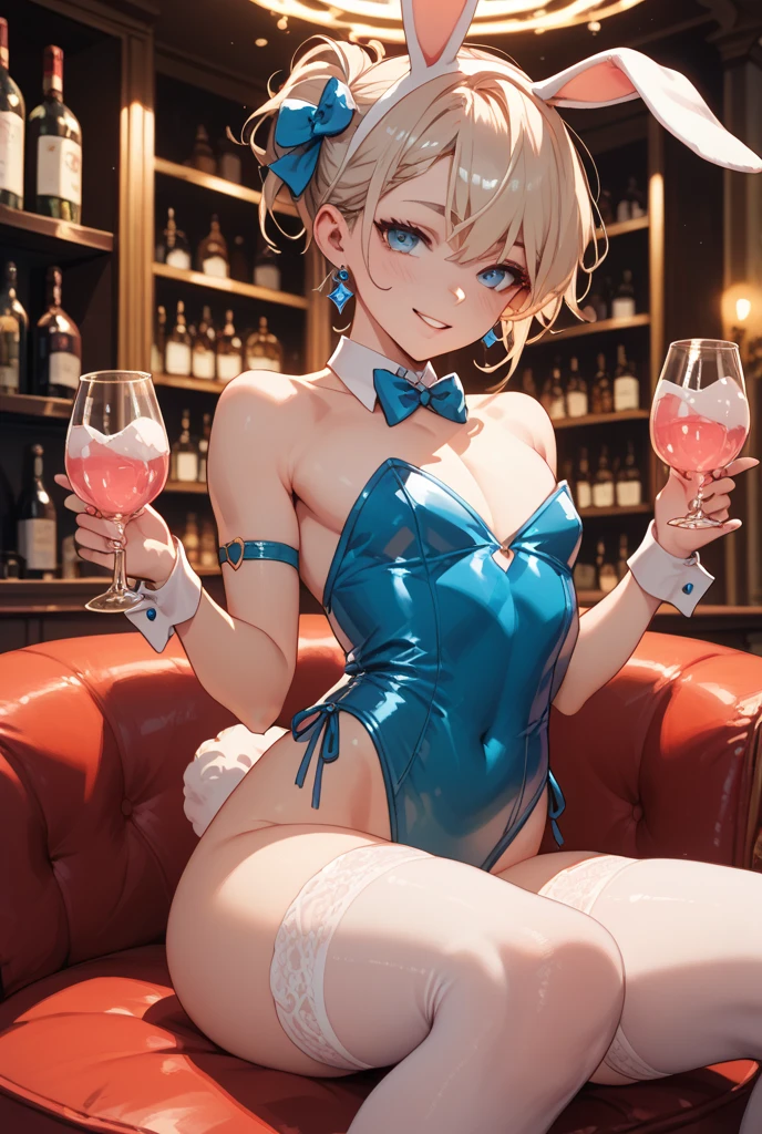 masterpiece, absurdres, (intricate details), (colorful),cinematic lighting, bust shot, extremely detailed CG unity 8k wallpaper, 1girl, white hair, short wavy hair, purple eyes, light smile, parted lips, average breasts, cleavage, fake animal ears, choker, red leotard, playboy bunny, tray, champagne,  smile, looking at viewer,  cowboy shot, sciamano240