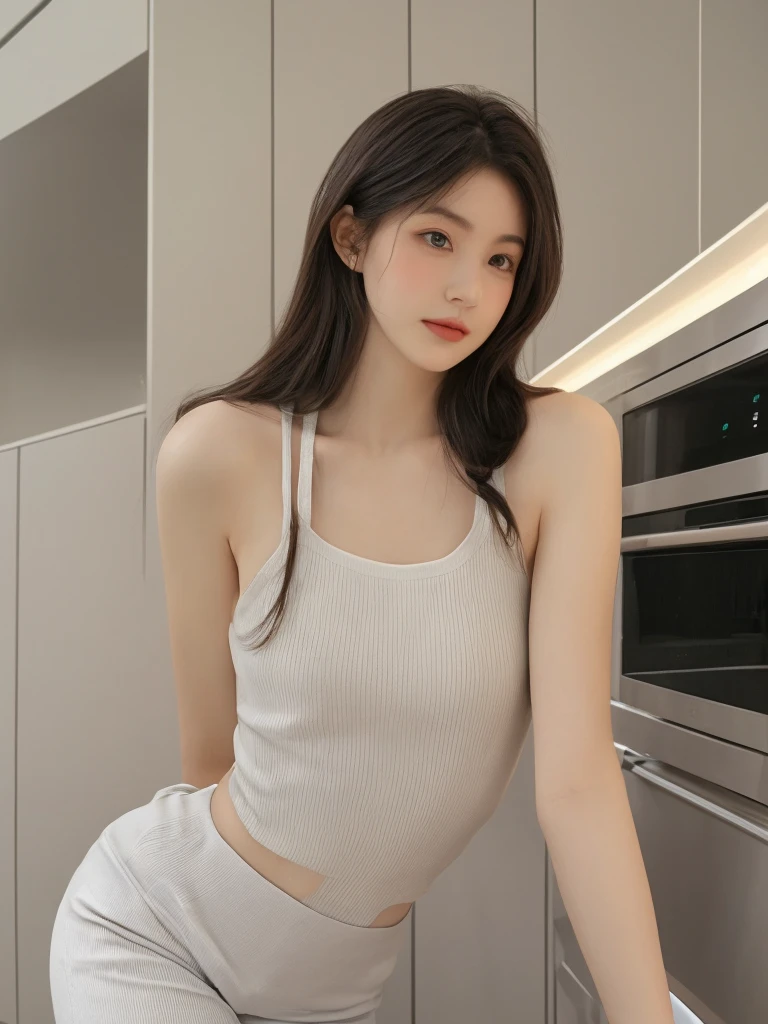 ultra-detailed realistic, 1 girl, standing alone, long brown hair, eye white, bangs over eyes, ponytail hair style, hair pulling back, all-body, Ultra realistic delicate face with deep details, kitchen background, Shorts with open zipper showing beautiful pubic hair, chemise, tool belt, insane details, ultra-realistic image, perfect symmetry, vibrant and clear, dynamic view, high level of detail and definition, 1200 PPI – Photographic resolution with greater color realism, hyperrealisti, high fidelity, cinematic, 8K UHD image resolution.