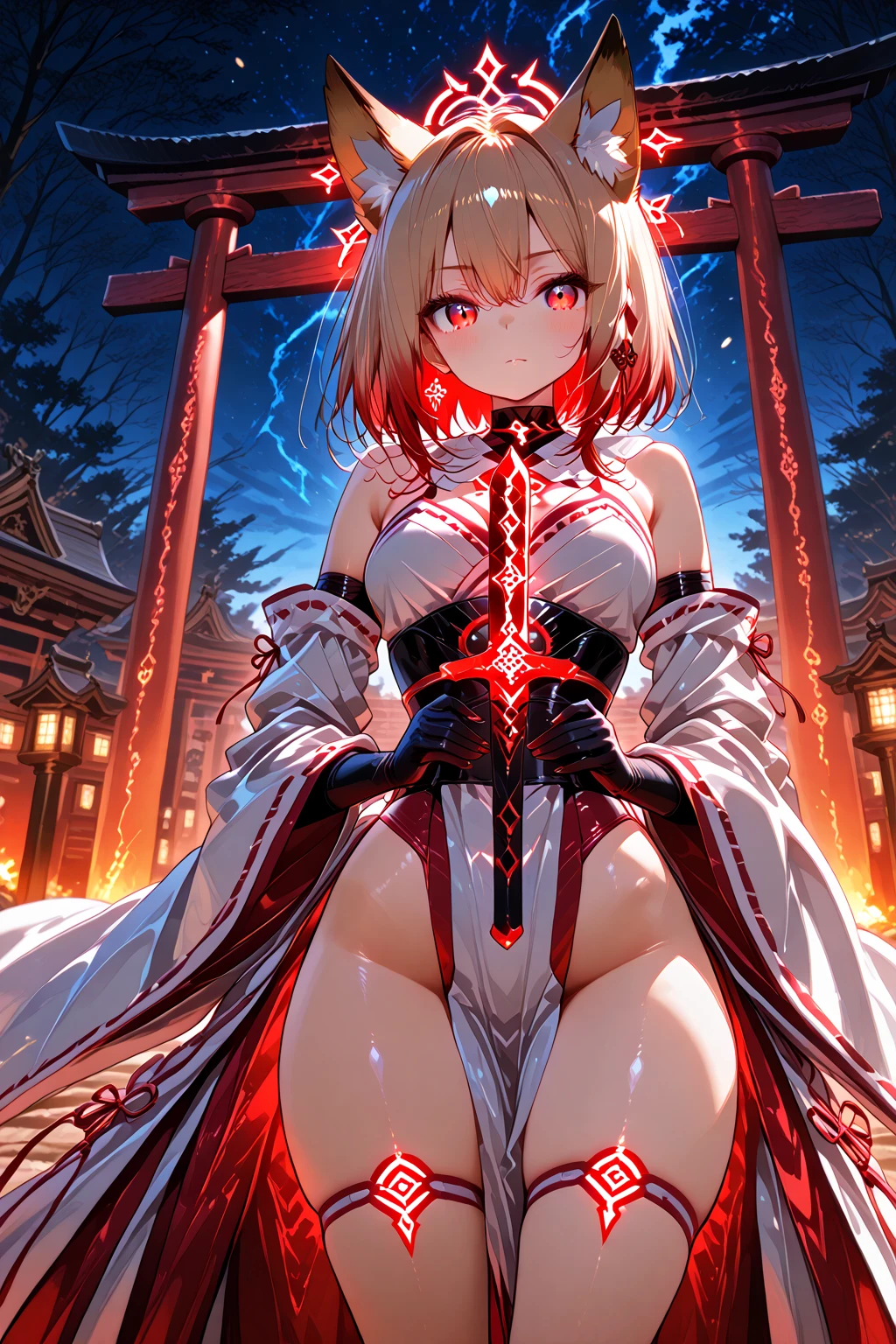 red cloak、Rear view、red eyes、naked、(((pubic hair)))、female organ、strong wind、storm、tattoo、Beautiful Girl Magician、blonde twintails、((whole body))、(((photo taken from below)))、darkne magic circle