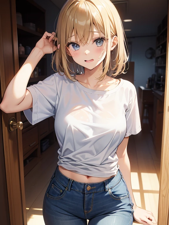 super fine illustration, vibrant colors, masterpiece, sharp focus, best quality, depth of field, cinematic lighting, ultra detailed, short sleeves, t-shirt, skinny jeans, belly button, midriff, wide hips, 1 woman, solo, home, solo, milf, very messy hair, slender, blush, angry, room, indoors, mature woman, tall woman, looking down, v-shaped eyebrows, small breasts