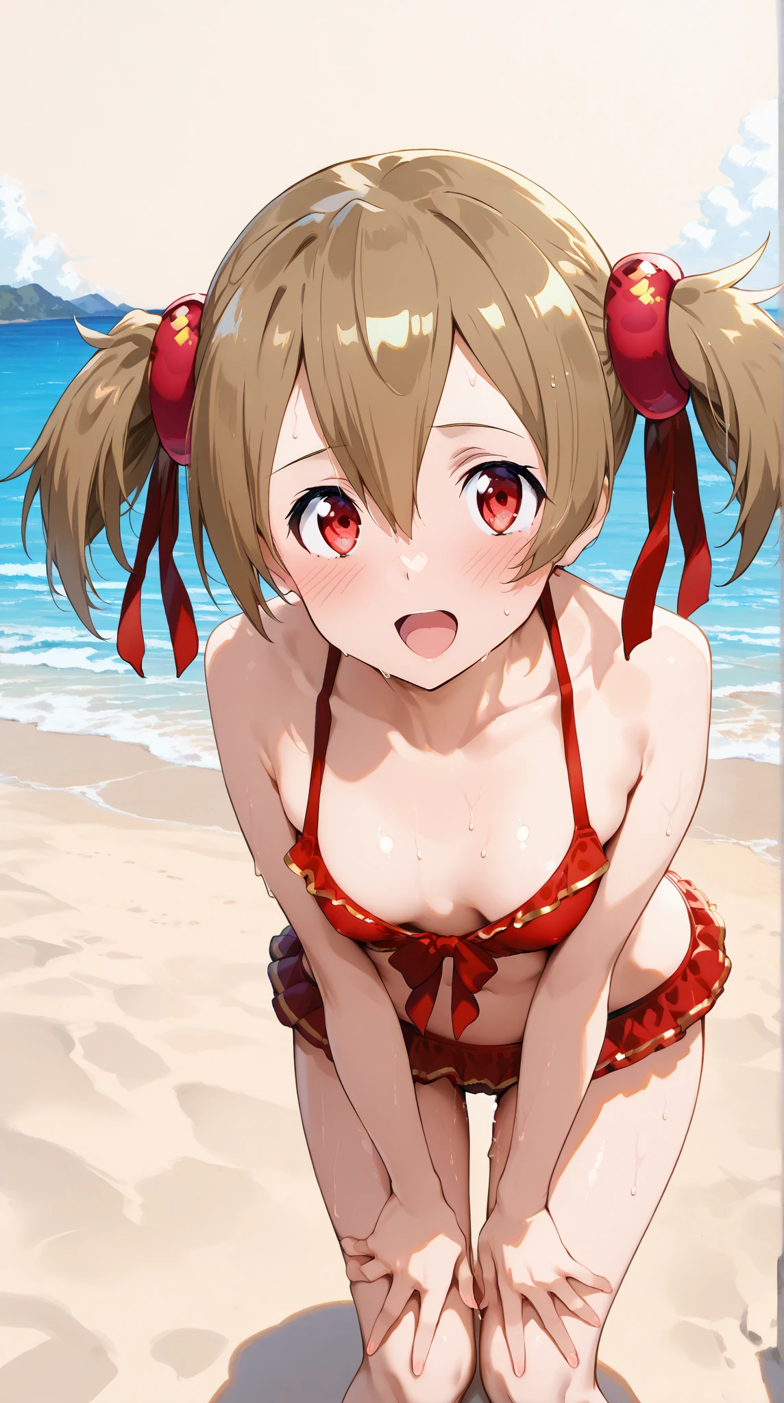 1girl,little_girl,little_body,cute_loli,Emi, two-tone hair, red eyes, pigtail, hair ornaments, bikini,
