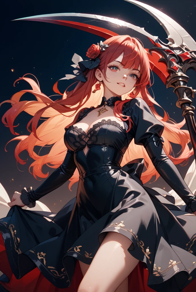 Hermosa dark magician gils. Joven con cabello corto y rubia. Ojos verdes. Labios rosados. She is in a garden of red roses. Rosas rojas la rodean. Pose y inocente. Fondo de rosas rojas y lluvia