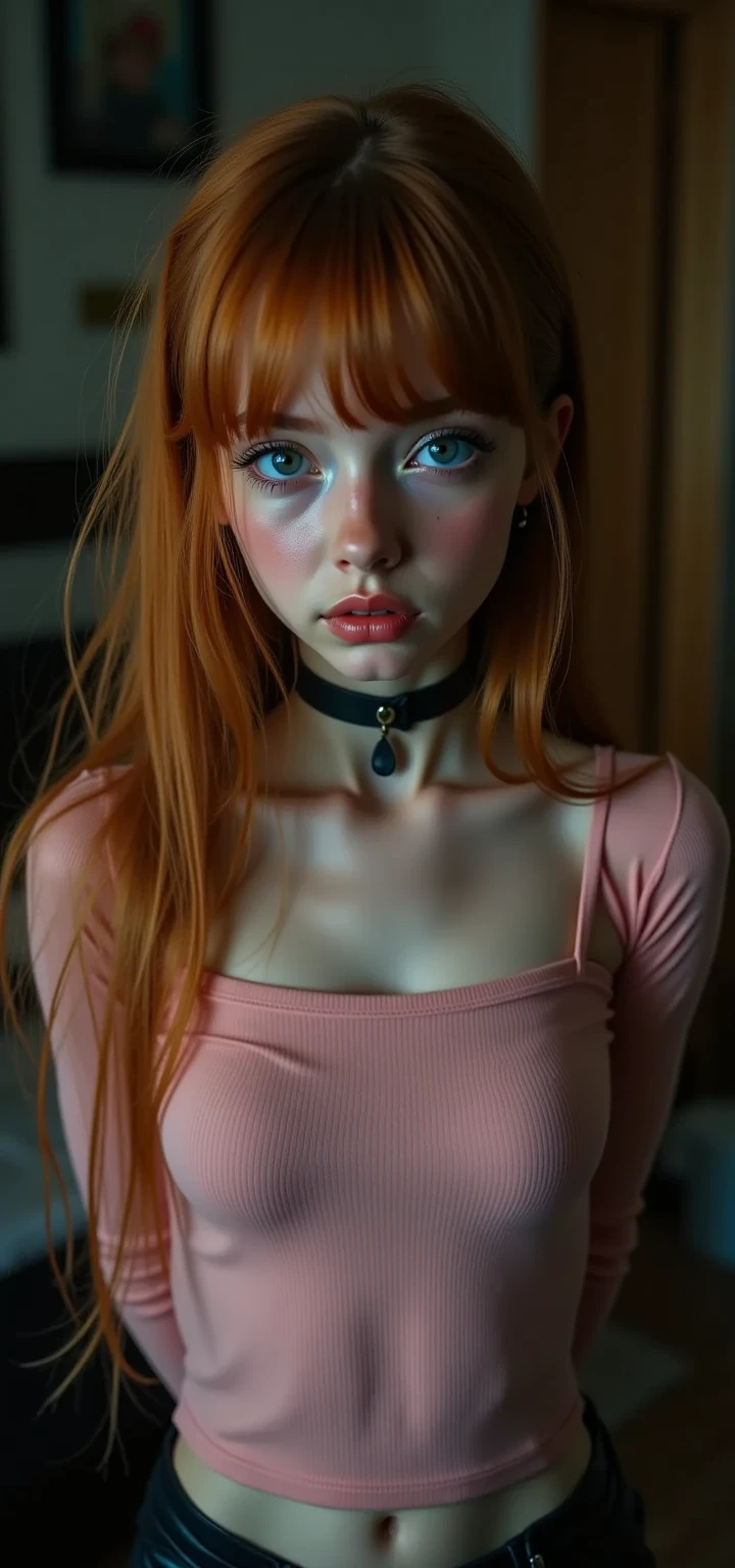 Hot girl, red hair, blue eyes, showing the tongue, kneeling