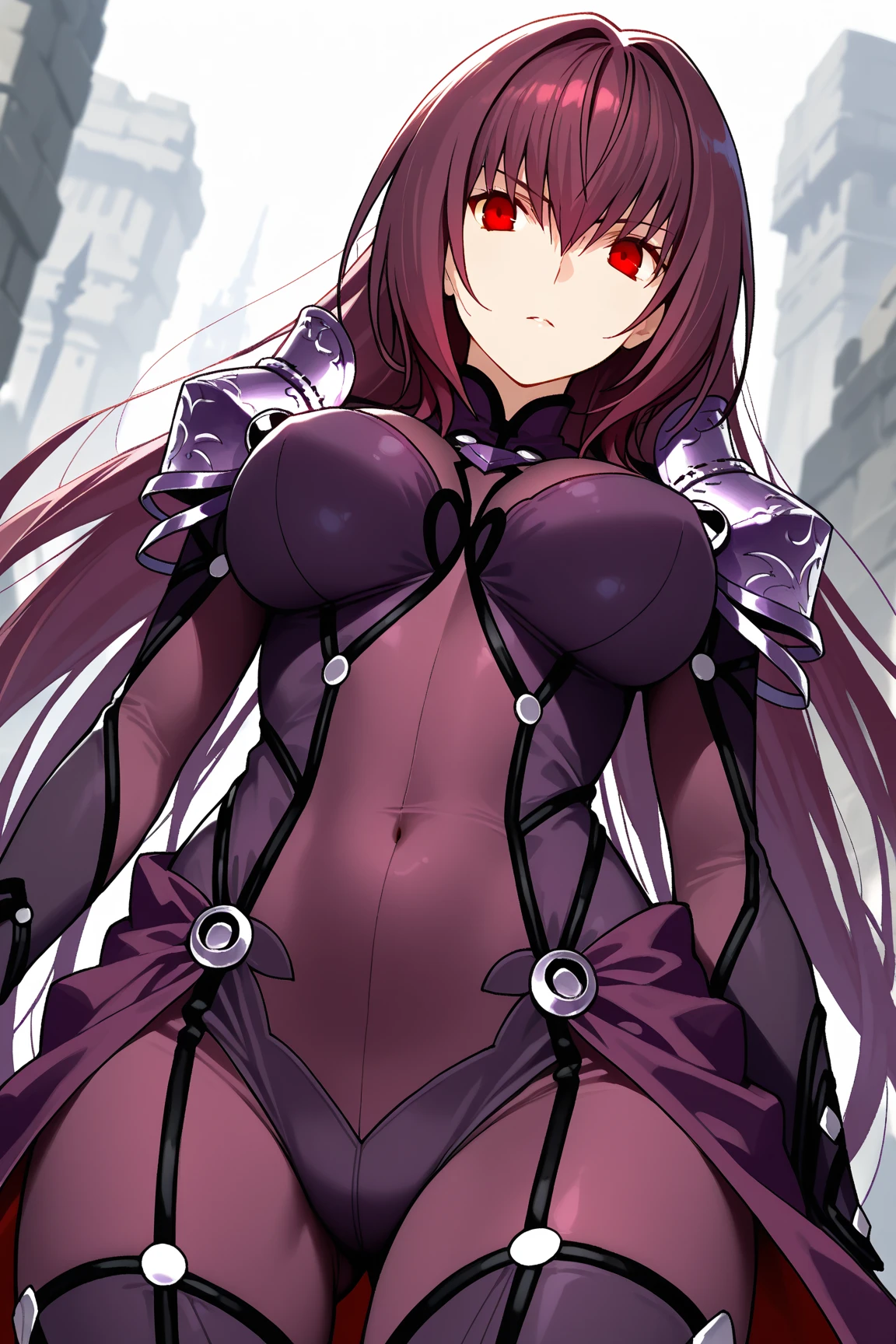 masterpiece, best quality,1girl,scathackl2, weapon, polearm, breasts, spear, gae bolg (fate), fire, holding, pauldrons, looking at viewer, holding weapon,(kbxll:0.6)