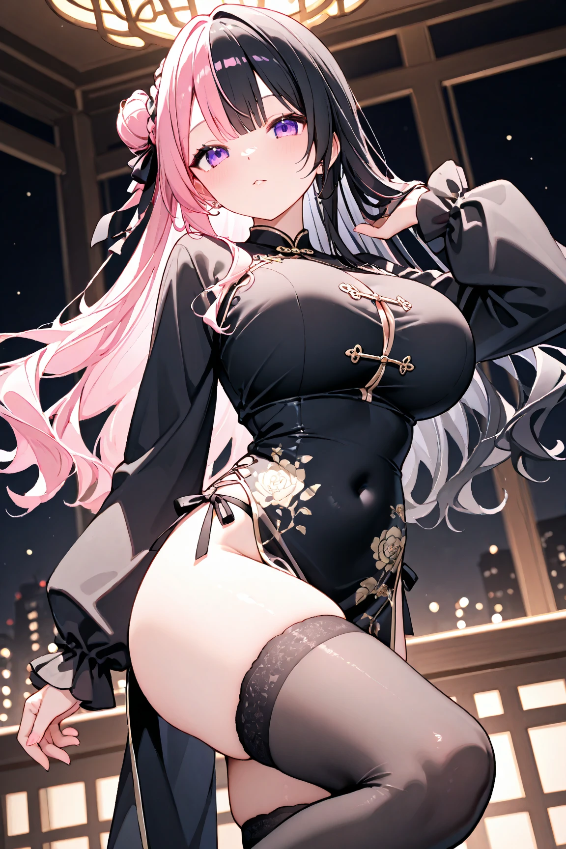 ((最高品質)), ((傑作)), (詳しい), 完璧な顔, ((((完璧な指)))), 美しい体, ランダムな背景, nipples, breasts, solo, 6++ skinny girls In the classroom,cleavage,(huge ), absurdres,highres,ultra detailed,(lady:1.3), Dutch Angle, Looking At Viewer,Arms Behind Head, leaning,blind eyes,(Doyagao:1.1),BREAK,(gray hair:1.2), side hair,, hair intakes,(creave:1.3),BREAK, (pink, black, gold color palette:1.3),(pink dress with black lace:1.4),(black hat with pink flower:1.2),(pink shoes with gold buckles:1.2),(pink heart:1.2),(pink and black ribbon:1.2),BREAK,Gothic decoration,((sticker style)),(heart item,star item,ribbon:1.3),(symbolic:1.2), conspicuous,( beautiful town at night:1.3),(big clock tower:1.2),(Meteor shower,star and hart effect:1.3)