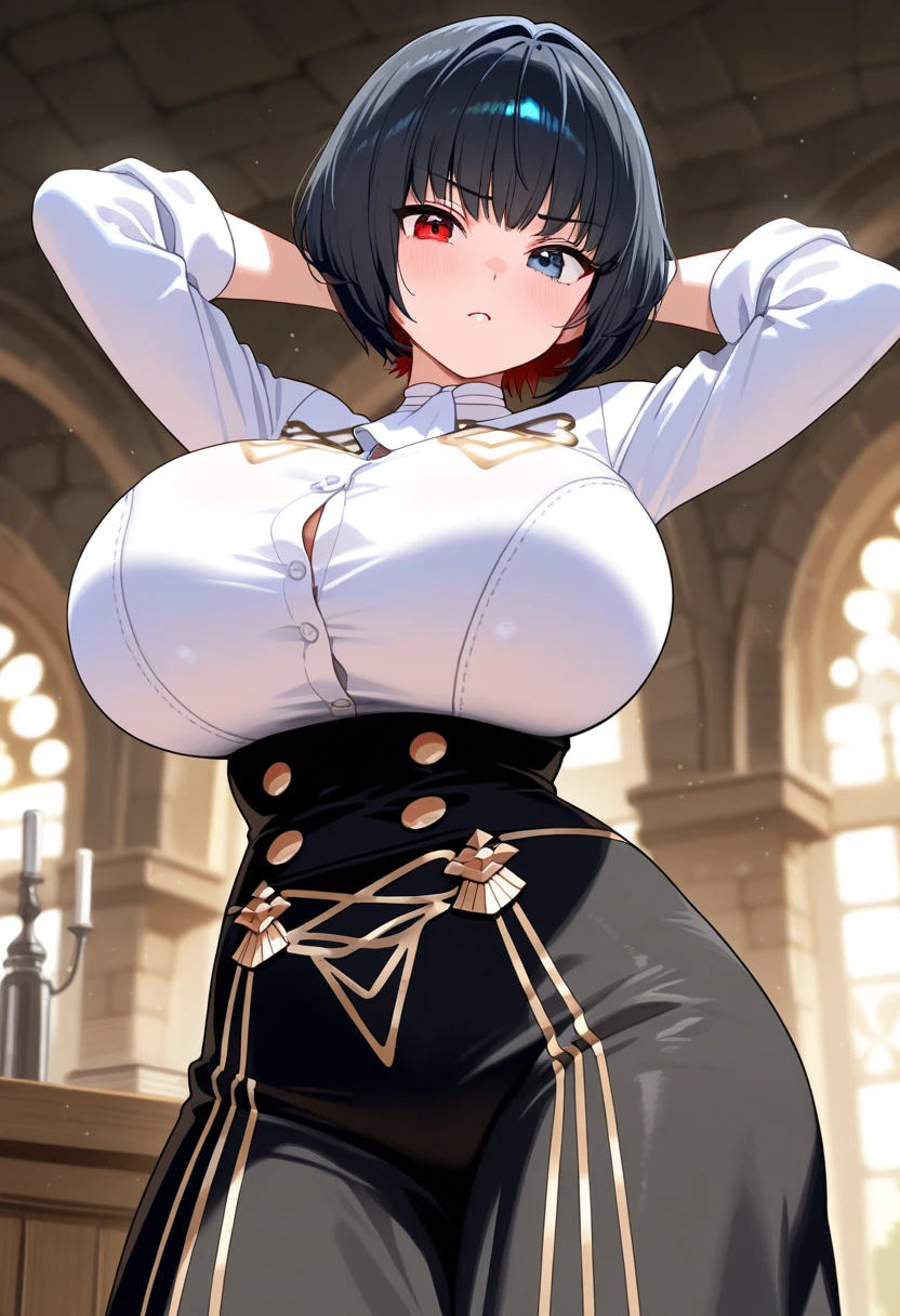 (masterpiece, best quality:1.2),illustration,8k,hd,1girl,solo,upper body,(portrait:1.2),takao \(kancolle\),black hair,red eyes,short hair,large breasts,long sleeves,hat,black gloves,black thighhighs,miniskirt,blue skirt,military uniform,beret,garter straps,blue jacket,blue headwear,pencil skirt,butt, panty shot, standing, ass, NSFW