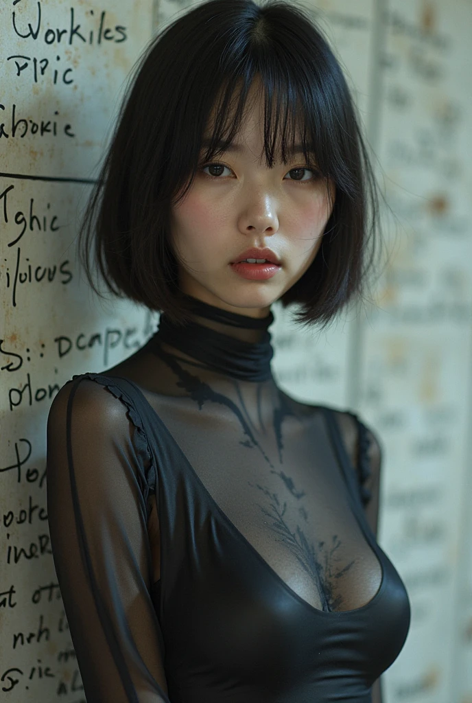 Delicate and dainty young woman with shiny bob-cut black hair and cat ears. She is wearing knitted sweater . The background is a fantastic and ethereal night sky that seems to be haunted by a specter. Her expression is stern and atmospheric. 10 years old