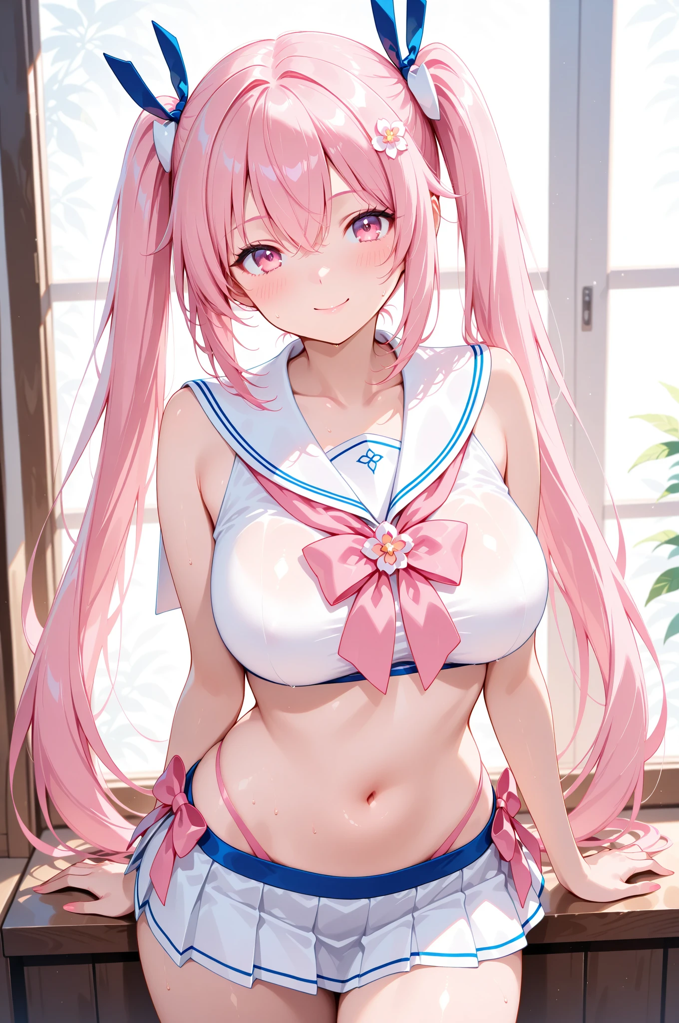 Beautiful illustration、top-quality、Cute little girl s、Bedroom、A pink-haired、long whitr hair、(((Pink pleated skirt)))、(((Pink sailor suit)))、short- sleeved、huge tit、a navel、Turn up the skirt with your hands、showing white panties、Pull up the skirt,The reveal panties、Bare legged、eBlue eyes、on top of the bed、Lovely thighs、glowing thigh