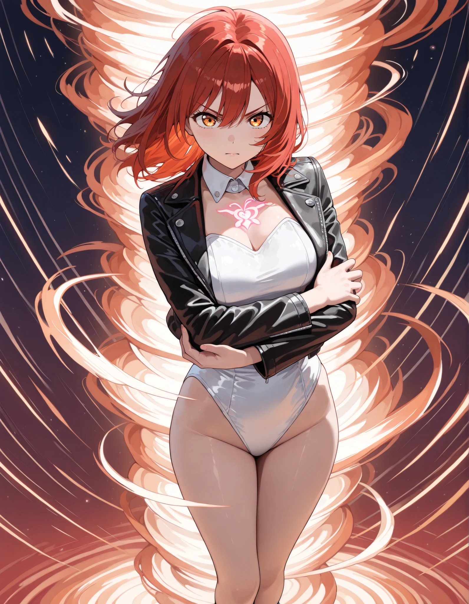 (High Detail:1.2) Anime girl, (Best quality, Detailed), Top quality, high resolution, perfect human structure, ((28 years old)), 1girl, (solo), medium hair, wavy hair, red hair, (green eyes), serious, gravelly:1.3, dark:1.2, fair skin, very lot pubic hair, naked, beautiful, (medium breasts), intense look, dynamic pose, futur room, space behind, (8k, vibrant colors, digital art, concept art)