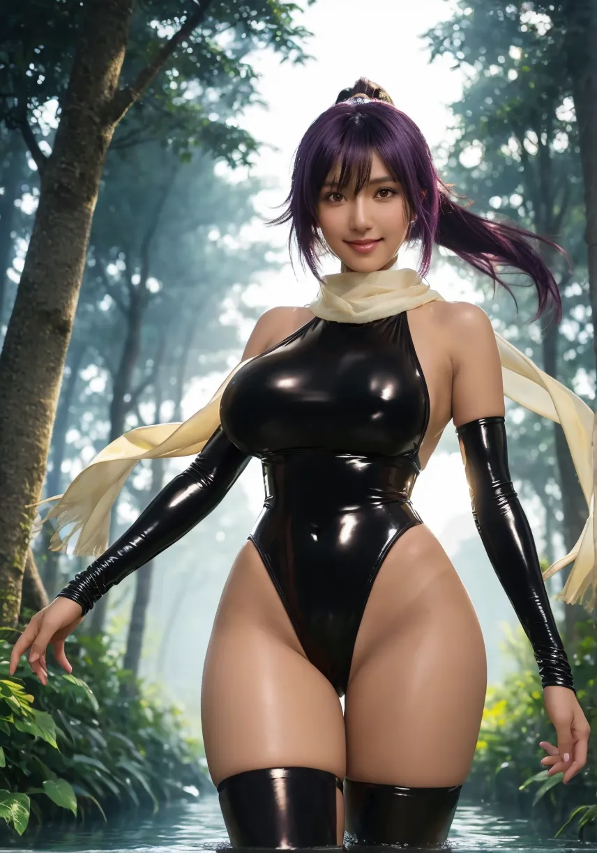 1 girl, solo, colorful, (masterpiece, best quality: 1.3), (absurd: 1.3), (photorealistic: 1.3), (skin detail: 1.3, detailed face: 1.3), sitting, looking at the viewer, sharp focus, delicate, beautiful cute girl, big erect breasts, (thick thighs: 1.2, big butt: 1.6), (shiny skin: 1.4), light smile, (big_eyes: 1.2, pale purple eyes), wooden bench, flower, grass, lake, (cloudy sky: 1.3), (rain: 0.5), dark purple tights, ((dark yellow clothes)), ((hair black and purple)), ultra-realistic, realism, photorealism, full-length, valerika steele, protruding,,, panties, high thin panties