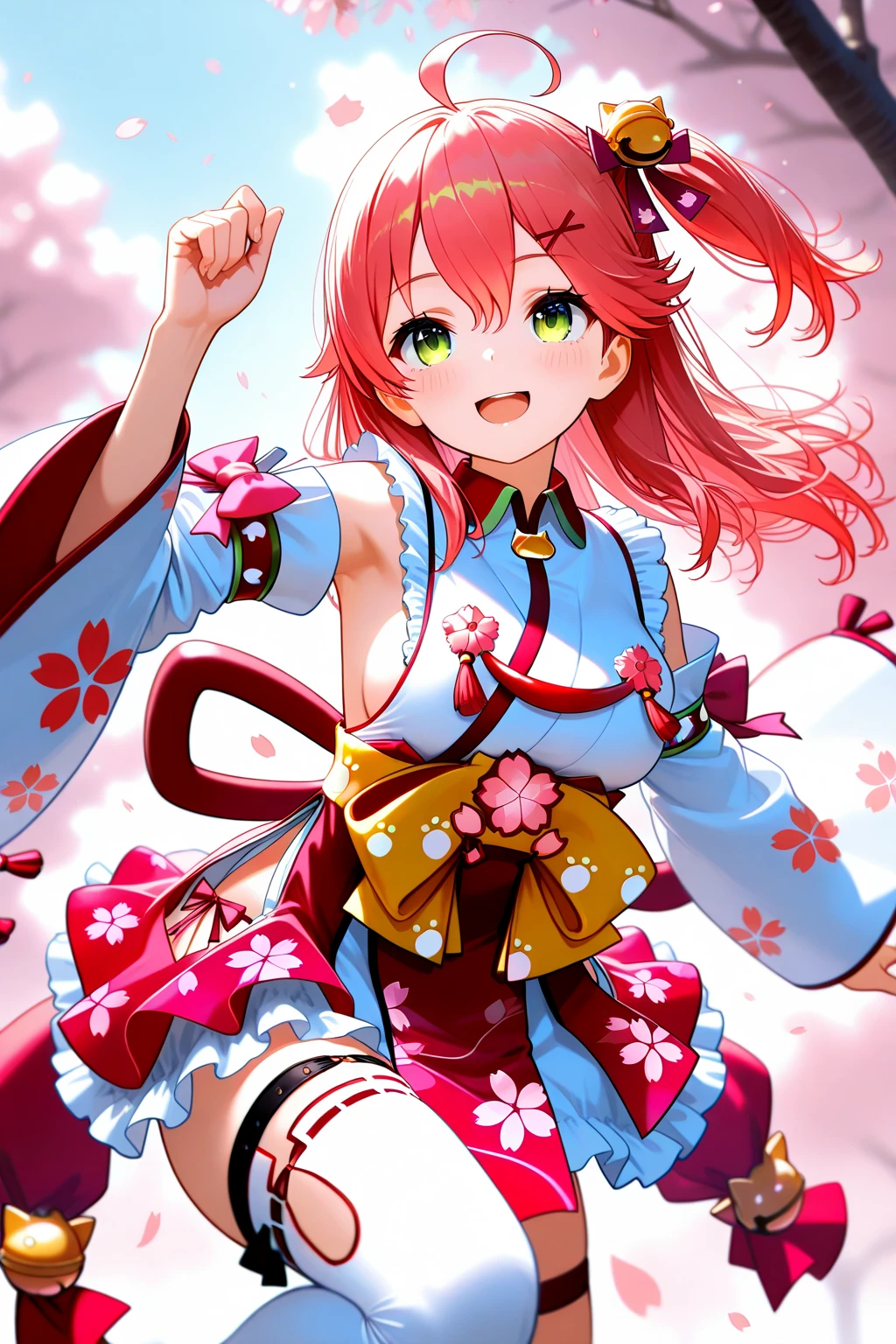 masterpiece, best quality, ultra detailed, highres, 8k, dynamic pose, happy, smile, high definition eyes,
sakura miko,sakura miko \(1st costume\),bell,cherry blossom print,green eyes,hololive,