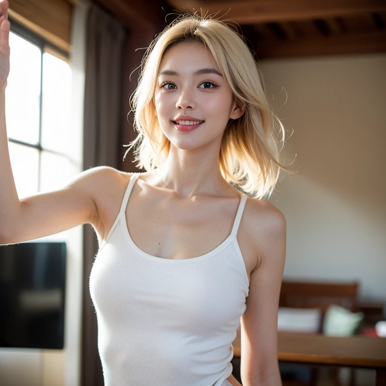 A pretty korean office girl, blond hair, messy bun hair style, good body, big breasts, laughing, wearing a White Long-sleeve Oversized Loose Casual Office Shirt, premium silk material office shirt, braless, bottomless, underwearless, naked bottom, bottom nude, standing on the floor, free pose, full body, at professional photo studio, professional studio lighting, white backdrop studio background, dynamic light, random angle, front view.