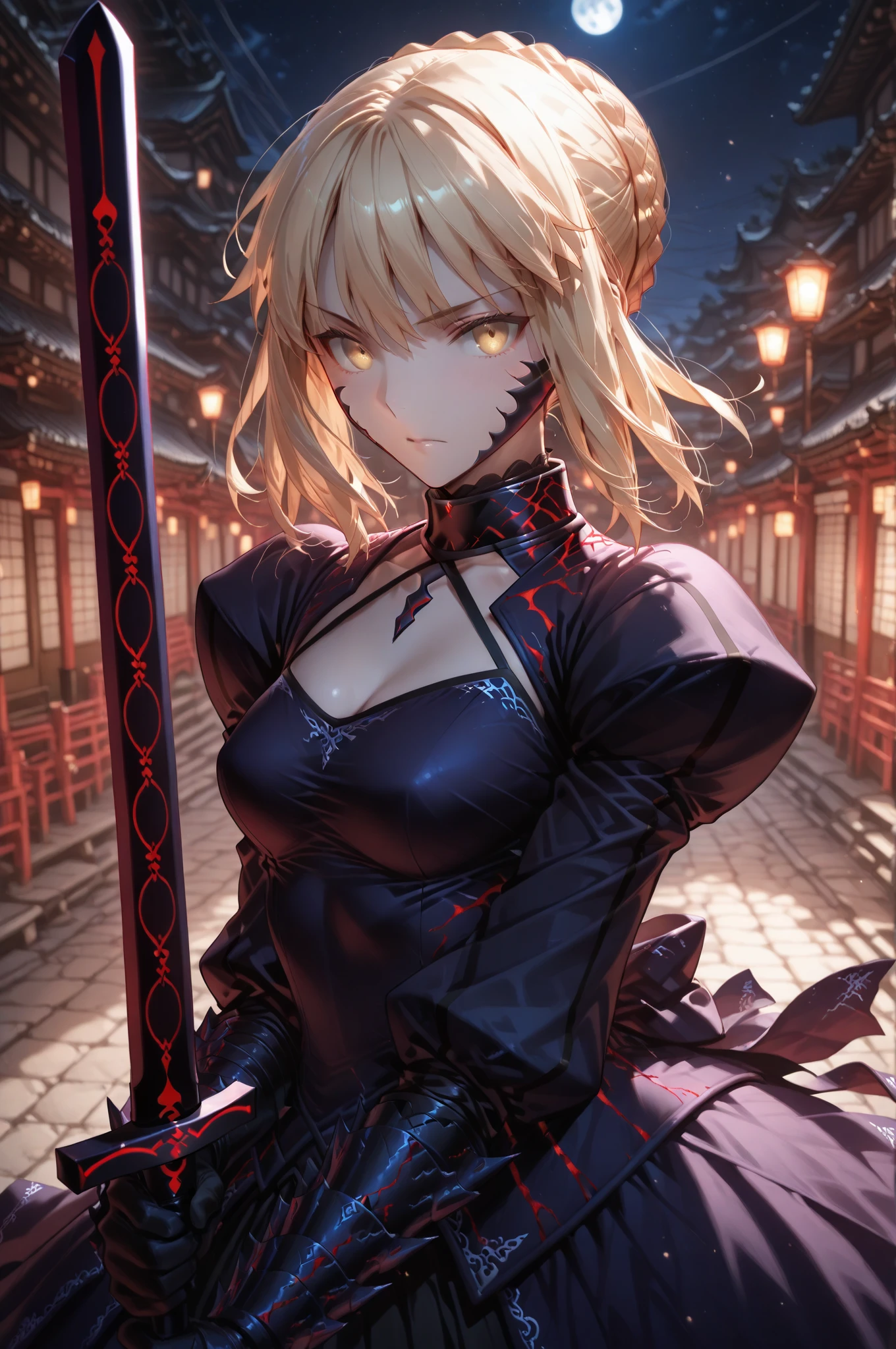 (masterpiece、top-quality、hight resolution、Unity 8k、extremely details CG:1,Best Picture), A woman speaks to me on an empty night street. Appearance of a woman who looks like a lascivious woman, ((Painful smile to look at)), Hourglass dress, satin dress, nsfw, artoria pendragon (fate)