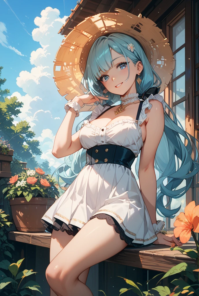 masterpiece, best quality, 1girl, solo, standing, <lora:flora-fe-richy-v1:1> florarnd, (yellow sundress:1.4), from behind, garden, sunbeam, from below, sky, fantasy, short twintails, sidelocks, looking back, smile, blush