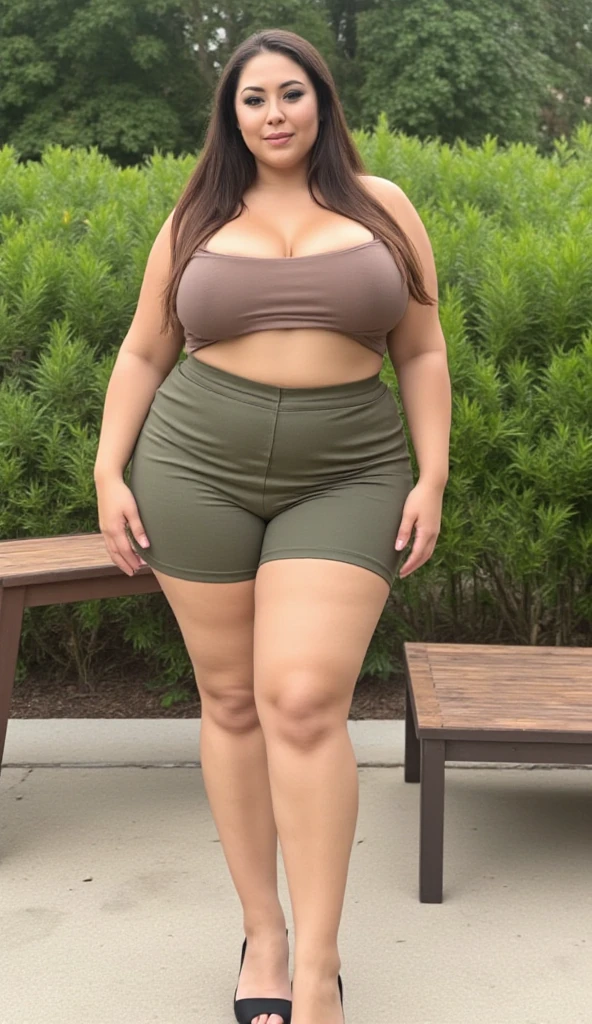 Voluptuous woman with a curvy body, wearing a orange and turquoise sports bra, Sport shorts, in a park, exercising, depth of field, bokeh, long sexy legs, camel toe