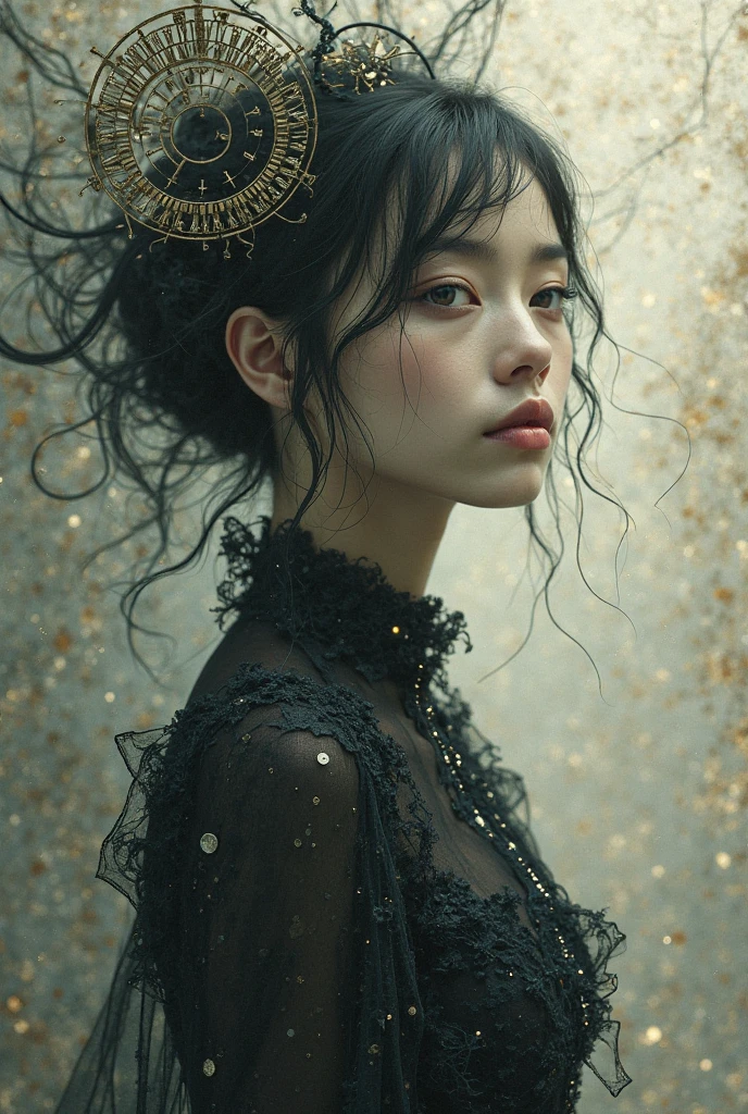 black hair, hair bobbles, wince, longeyelashes, solid circle eyes, fake animal ears, light smile, ear blush, fang, Surrealism, drop shadow, anaglyph, stereogram, tachi-e, pov, atmospheric perspective, 8k, super detail, ccurate, best quality