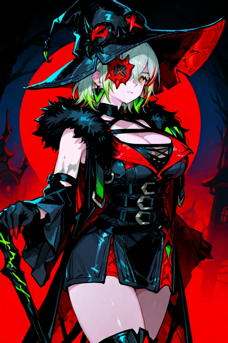 (best quality,ultra-detailed),(((diabellstar the black witch))), Diabellstar, (olho verde claro), ((cabelo branco curto ponta verde claro)), olhar sexy, sorriso sedutor, ((Hand holding mask)), pose sexy, corpo detalhado, (corpo inteiro), medium size chest, bunda grande.