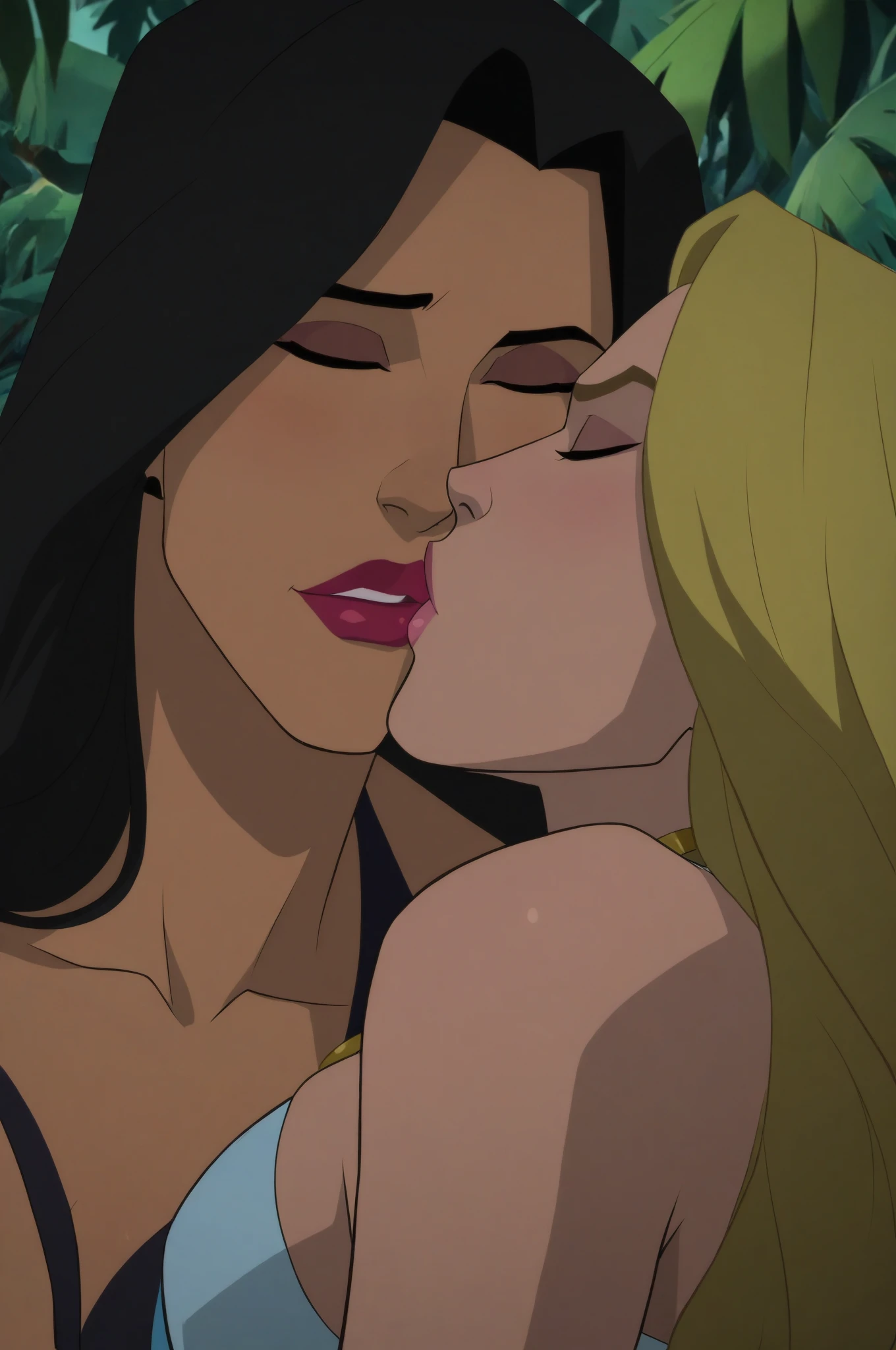 Nami One Piece naked and having sex with Boa Hancock on the bed and they are both horny