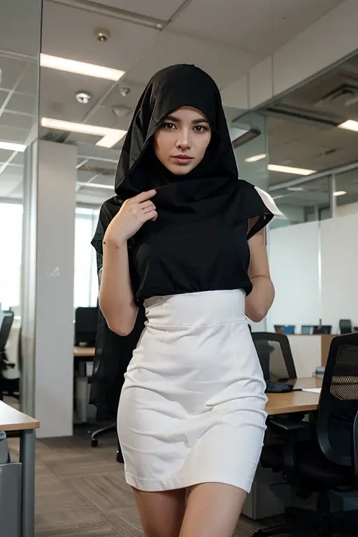 Nude 24 year old teenage malay woman with hijab,wearing pantyhose,office background,arousal expression,closed eyes,a group of men watching,ready to fuck,a man sticking his penis on vagina from behind,bending over,filled with semen