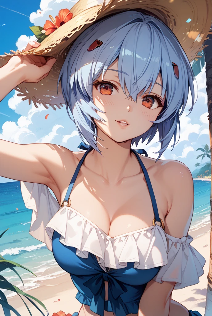 Fuuka Yamagishi (persona 3 reload), shy look, ((best quality)), ((masterpiece)), (detailed), HDR, ((short hair)), teal blue hair, dark brownish gray eyes, perfect face, 1 girl, (alone), muscly arms, ((lewd look)), built, beach background, sexy bikini, ((tall cat ears)), ear fluff,
