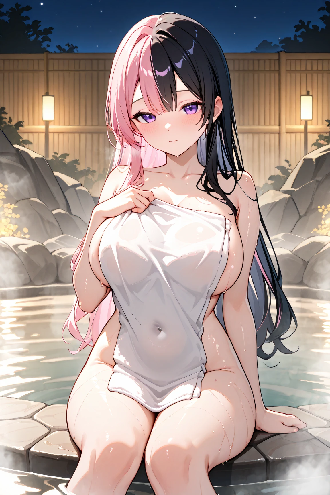 nsfw,2girls,sitting,high ponytail,(sidelocks:1.5),(lineup:1.5),light Areola,hands,woman,topless,(Puffy nipples:1.5),(Areola),Tsurime,hair over one eye,straight-on,long hair,black hair,red eyes,yellow eyes,big breast,breasts,masterpiece, best quality, very aesthetic, absurdres,front View,(straight-on),purple hair,(masterpiece, best quality, very aesthetic, absurdres,(pubic hair),(take_your_pick),tan,(steam:1.5),sauna,(Sweaty:1.5),(relax)