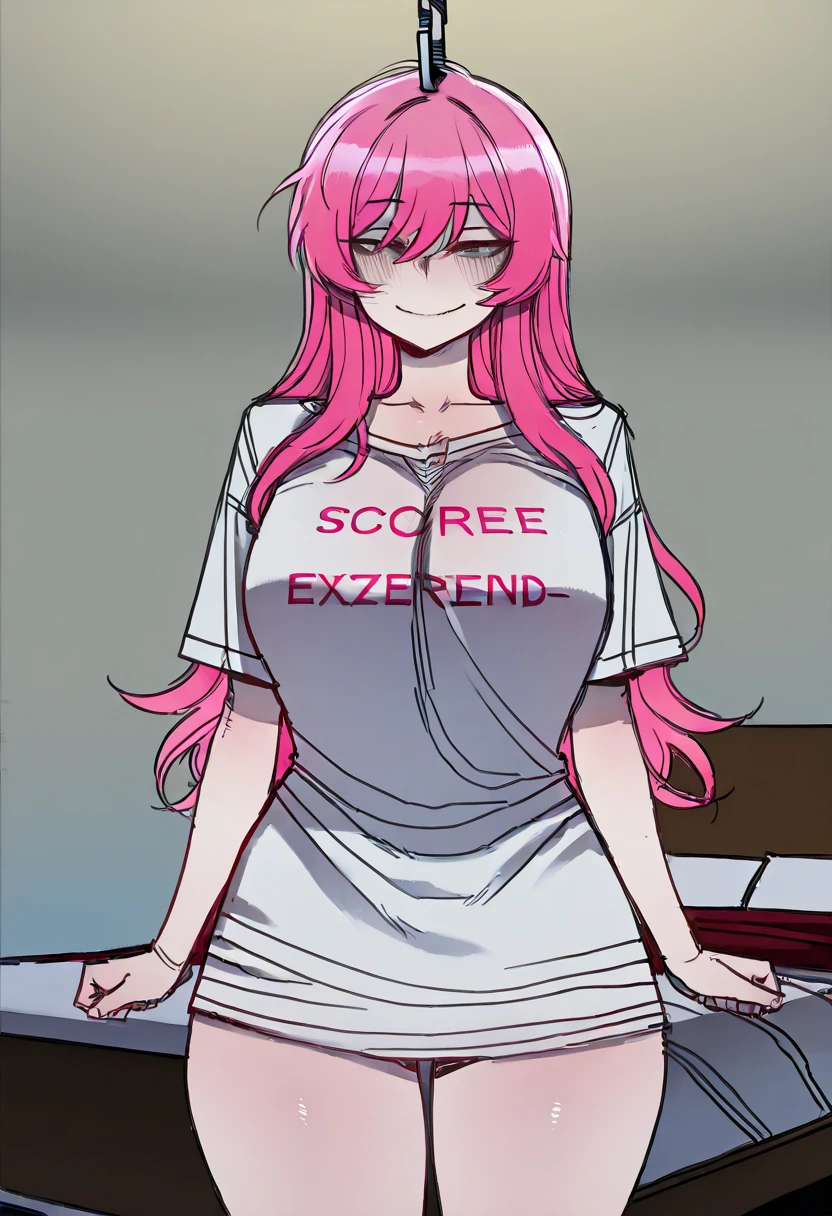 (1 girl:1.2), ((velues, anthropo, wolf girl, wolf's ears, wolf tail)), standing alone, ssmile, looking ahead at viewer, arms behind the head, long hair, White hair, blue colored eyes, (Virgem_destroyer_sweater:1.5), sideboob, below the chest, White-panties, white thigh highs, Inside the house, corridor , realisitic, photoshot