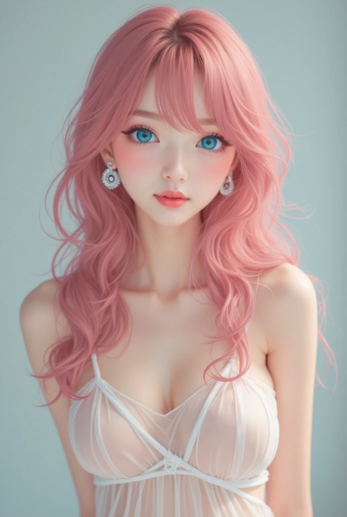 One Girl,(Captivating quality:1.4),(Highest quality authentic textured skins), Delicate face,Pink hair, Perfect body:1.1),Heart-shaped choker、Long eyelashes,Clear Eyes,Hyper HD, Tabletop,Keep dreaming,Fantasy Space,Pink Background,Mouth closed,bright,anime,Sparkling