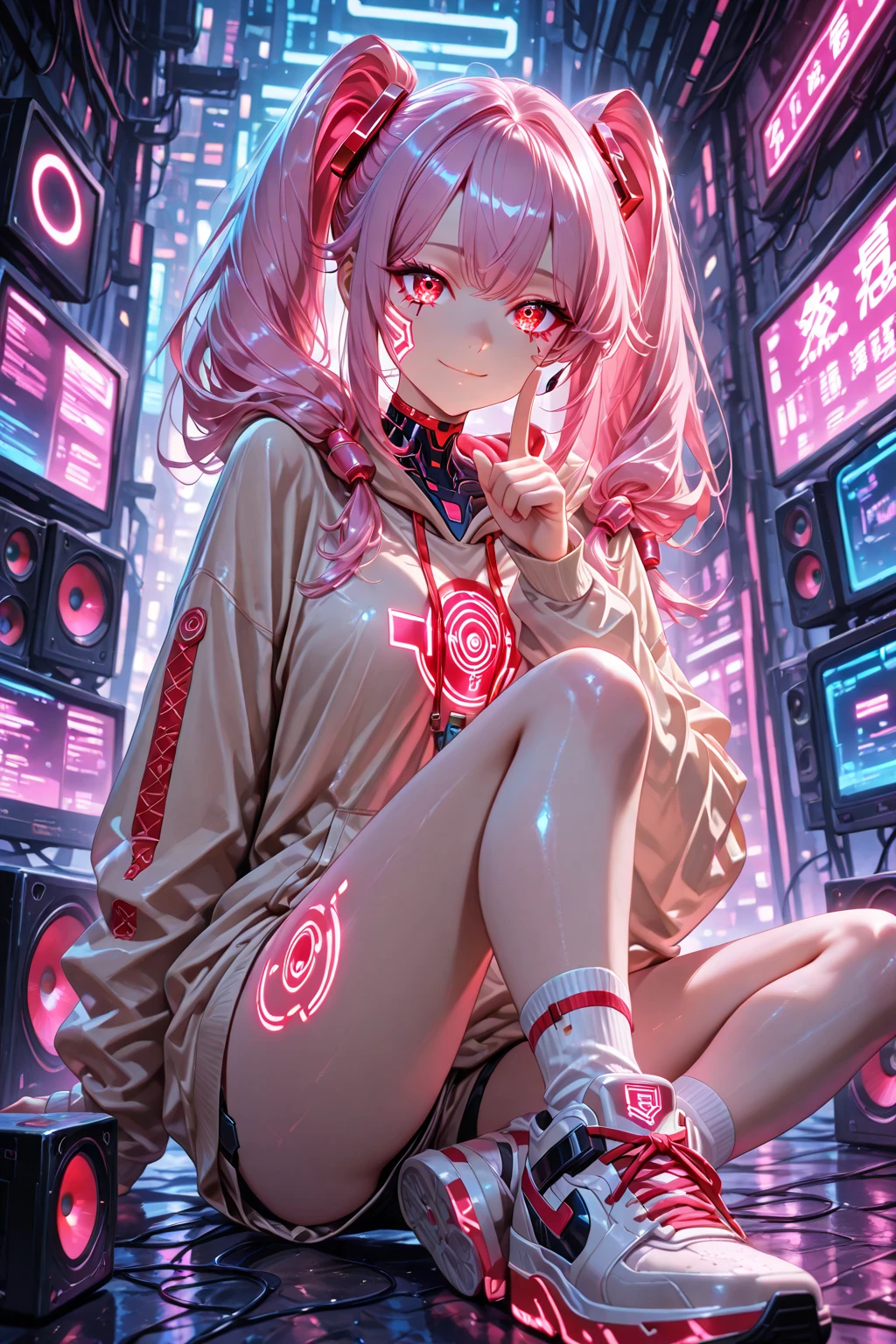 girl sittig on floor, long hair, sad, upset, raining, tokyo, city, lights, purple and pink, pink, purple, cyber, night, hair faling on floor, glass, pink hair, upset