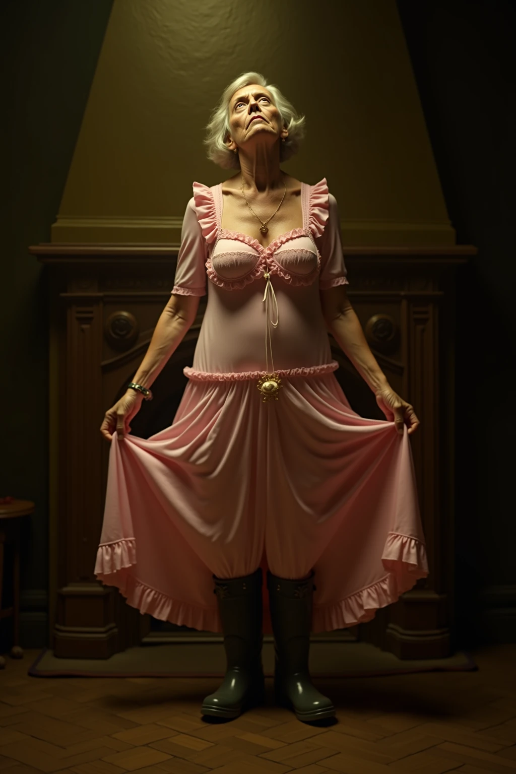 masterpiece,top-quality,higher rank,(A MILF_femele:1.3),(60-year-old grandmother:1.5),maikurobikini,large full breasts,cleavage of the breast,Very big breasts,a navel,hyper realstic,Sheer,deadpan,be in agony,Being in an abandoned house,Wearing a thick collar