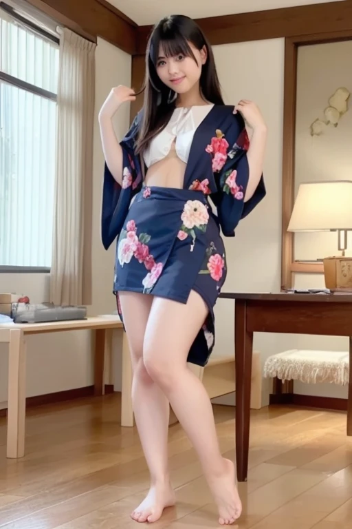 Show your collarbone、Show off your thighs（Panties arranged in a floral yukata style）Height is 150cm、 real women、indoor、office、No underwear、No bra、Slim figure、Two