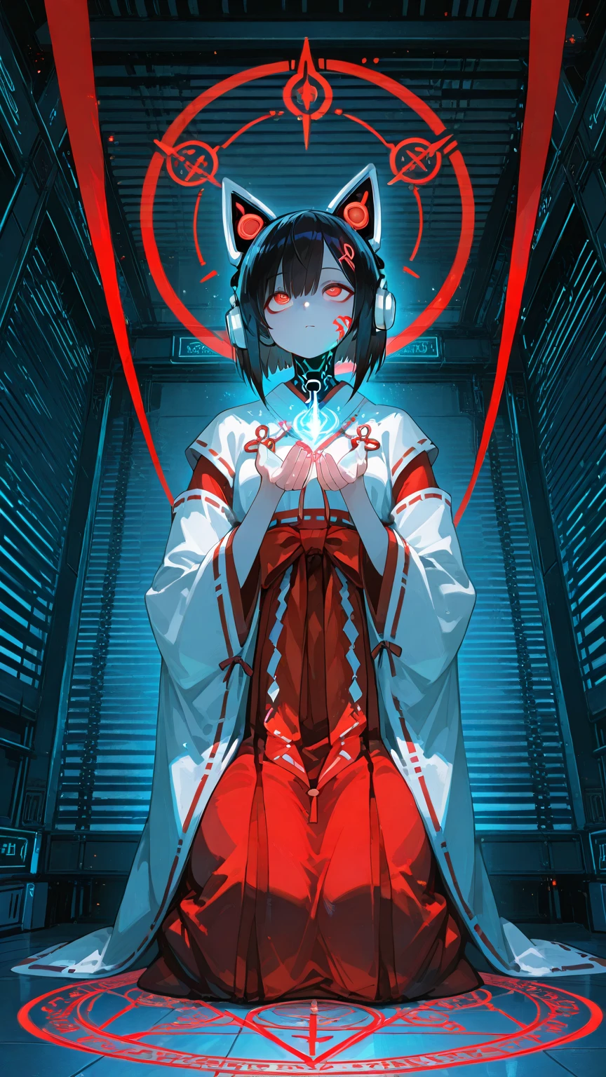 Intricate illustration in imaginative and cybertic art style,A girl android wearing a red riding hood is placed in a glass coffin in a science laboratory.The girl has a beautiful red riding hood on her head,The girl's face is inorganic and doll-like,The girl has her eyes completely closed.A body made entirely of machinery from the neck downThe whole body looks like a human specimen with various mechanisms and blood vessel-like tubes visible.The body color scheme is based on red and white,Scientific and artistic body structure,Transparent glass coffin Inside,The coffin is laid out on the floor, (several blood vessel-like tubes are connected to the girl's entire body:1.2).(The cable is designed to look like a work of art).The tubes are red and white,The coffin in the laboratory is the type that can be pulled out from the wall,The girl is laid to rest,Inside the glass coffin, (the smoke from the Coolant accumulates at the bottom) .The coffin emits a beautiful light with clear red light.The texture and beauty of Little Red Riding Hood, the beauty and luster of the girl's red hair, the beauty of her skin,Medical and scientific depictions of the body mechanics,The texture and shine of the mechanism,The transparency and beauty of glass coffins,Background of a laboratory in an underground area dimly lit with clear blue light, Data on the girl's body is displayed on numerous monitors,(Side view),Ultra HD, Ultra High Quality Image, (Masterpiece, Best Quality, 4k, 8k:1.5). Ultra Detail,Ultra-fine painting,Physically Based Rendering, Science、Professional shooting resolution,3dCG concept art